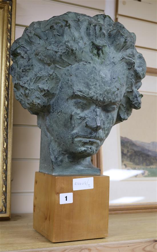 A bronzed plaster busts of Beethoven, signed G. Simon height 52cm